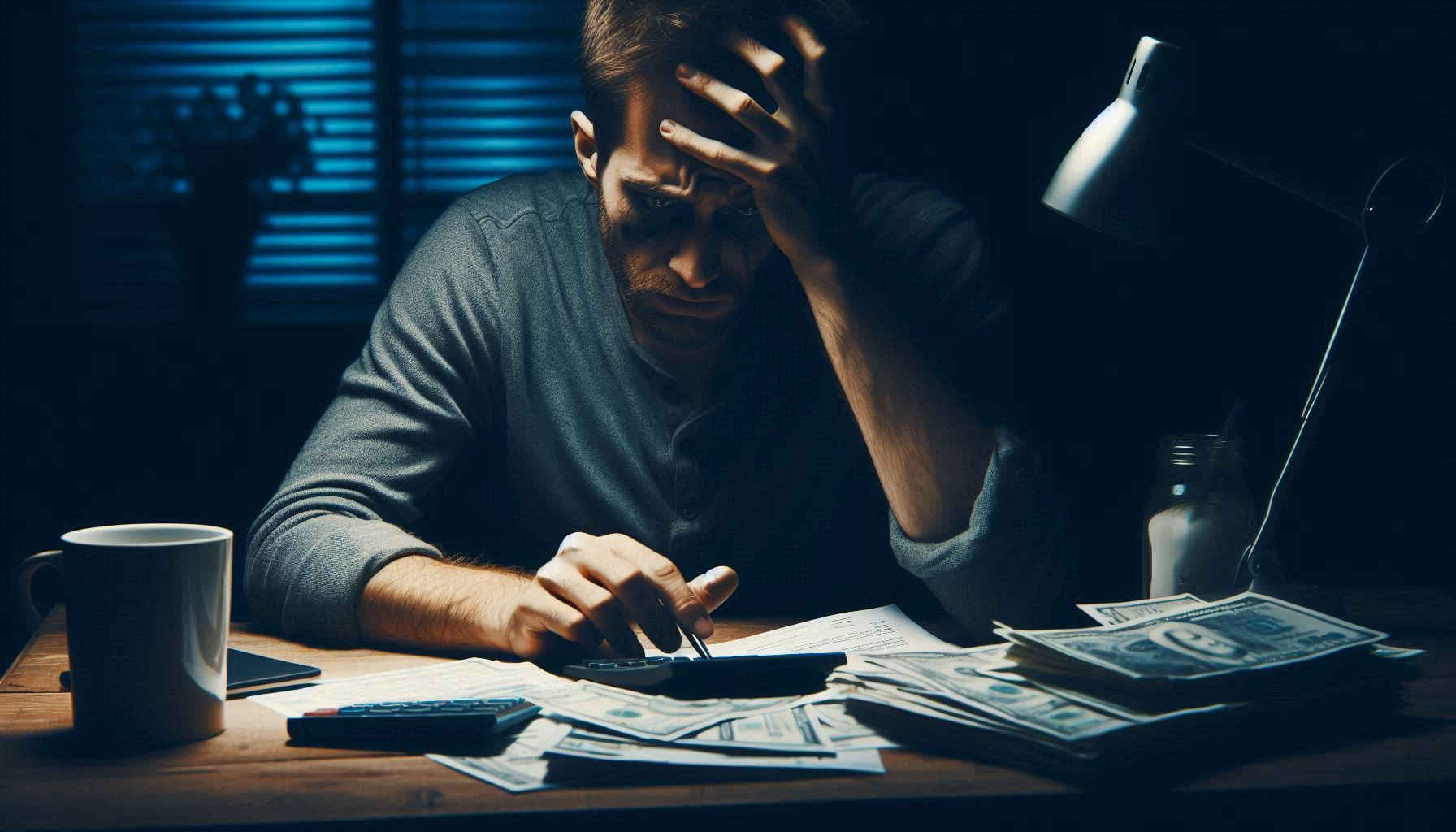 A man holding his head sorting bills with small piles of cash to pay them